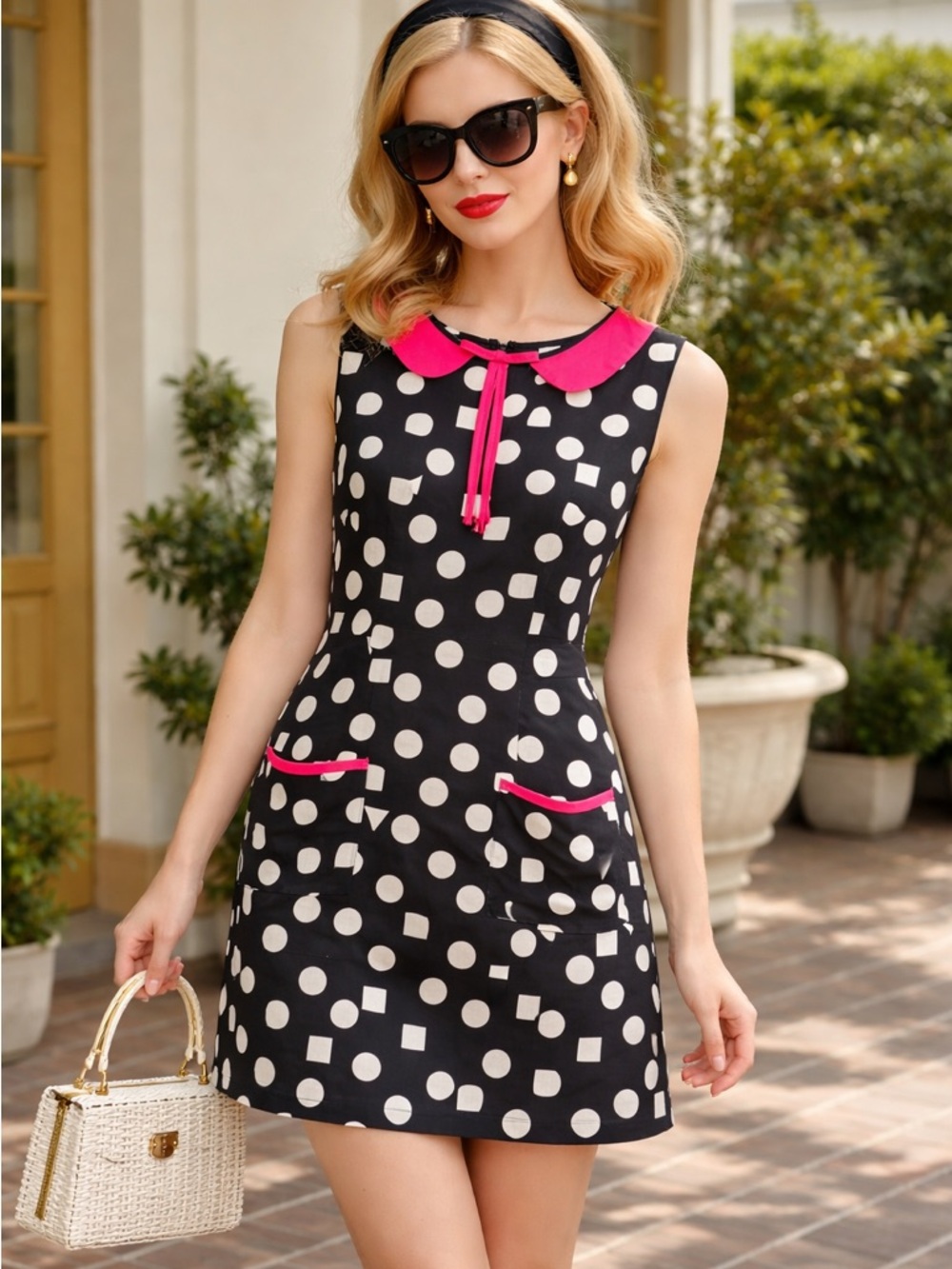 Mona B Mod Geometric Shift Dress Pink Collar Retro Preppy Medium